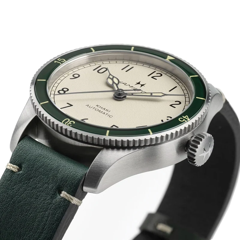 Khaki Aviation Pilot Pioneer Auto 38mm - White on Green Leather Strap
