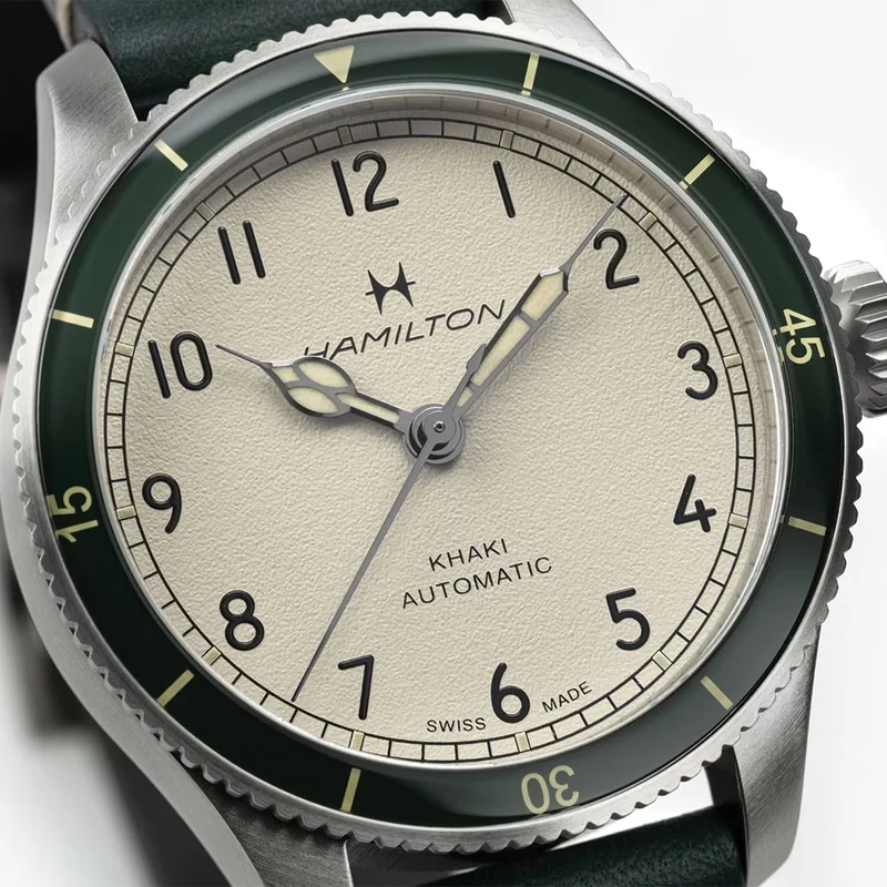 Khaki Aviation Pilot Pioneer Auto 38mm - White on Green Leather Strap