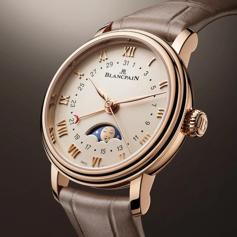Villeret Calendar Moonphase Red Gold 29.2mm - Opaline Ivory on Leather Strap