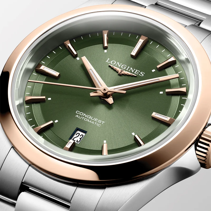 Conquest 30mm - Green w/ Pink Gold Bezel on Bracelet