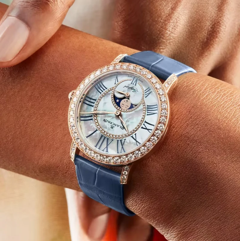 Ladybird Colors Moonphase Red Gold and Diamonds 34.9mm - White on Leather Strap