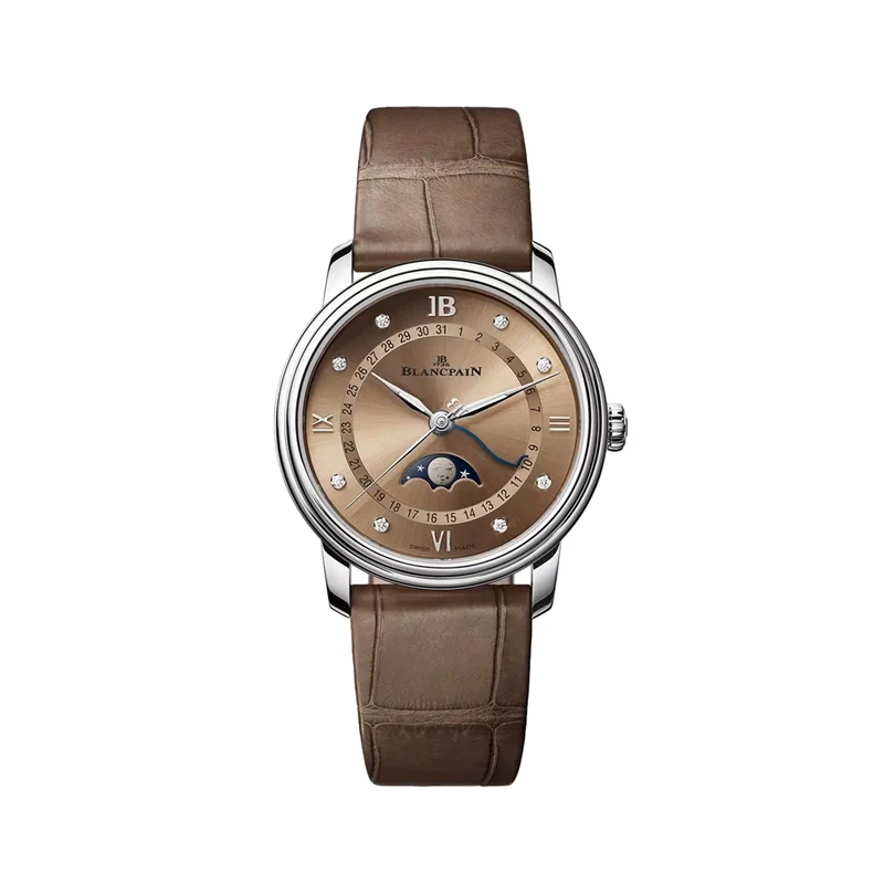 Villeret Calendar Moonphase 33.2mm - Brown w/ Diamonds on Leather Strap