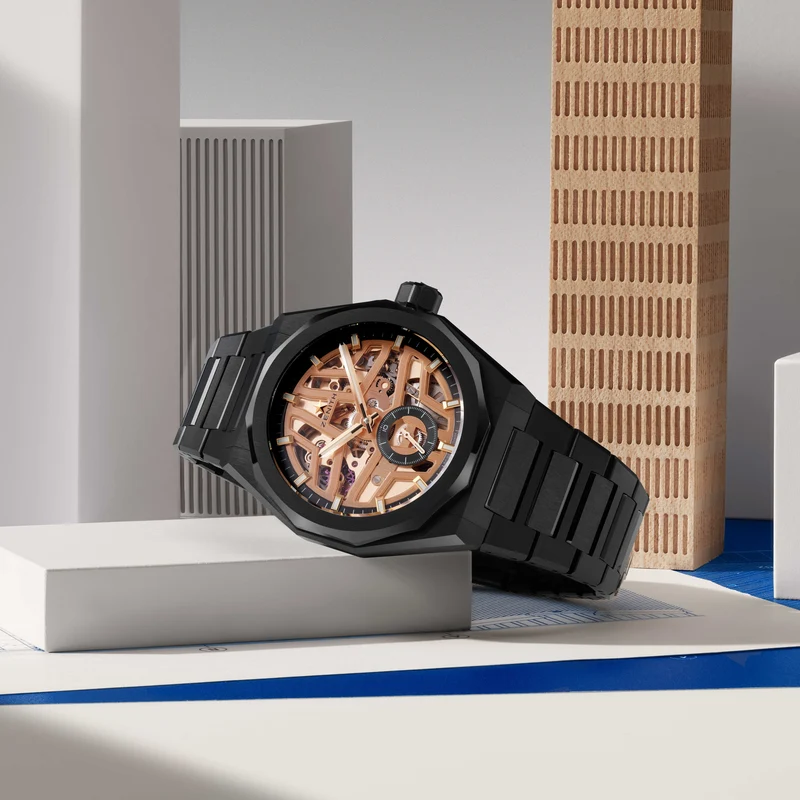 Defy Skyline Skeleton Ceramic 41mm - Gold-Toned on Bracelet w/ Extra Rubber Strap