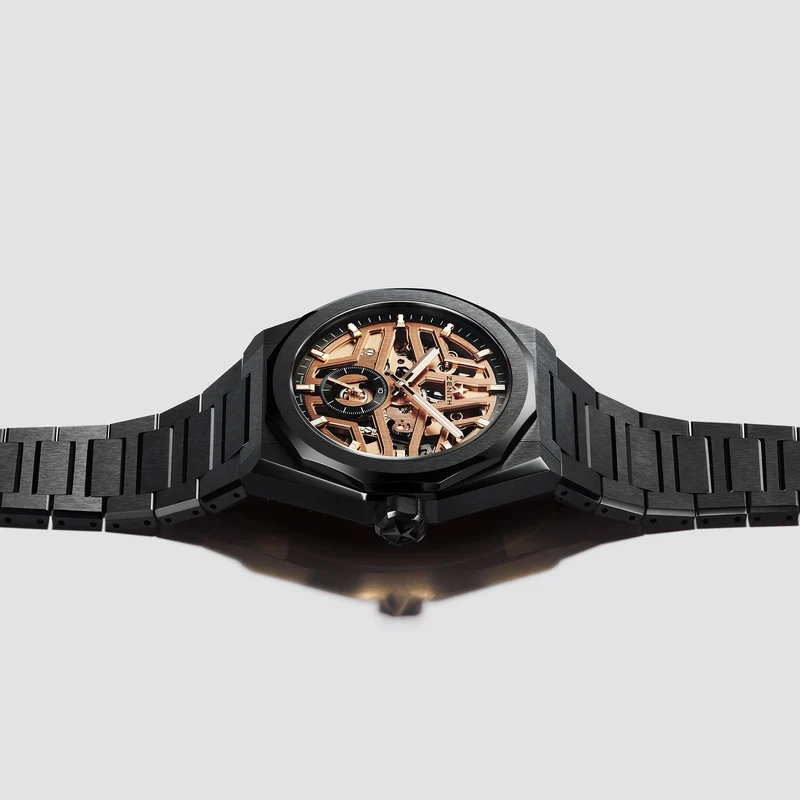 Defy Skyline Skeleton Ceramic 41mm - Gold-Toned on Bracelet w/ Extra Rubber Strap