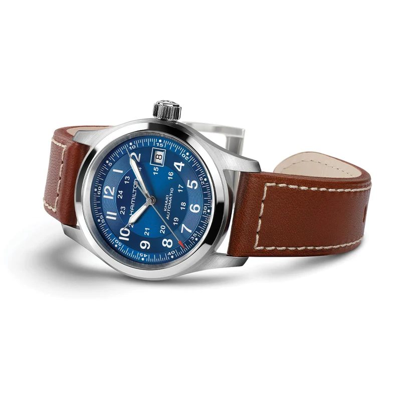Khaki Field Auto Date 42mm - Blue on Leather Strap