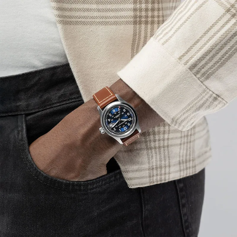 Khaki Field Auto Date 38mm - Blue on Leather Strap