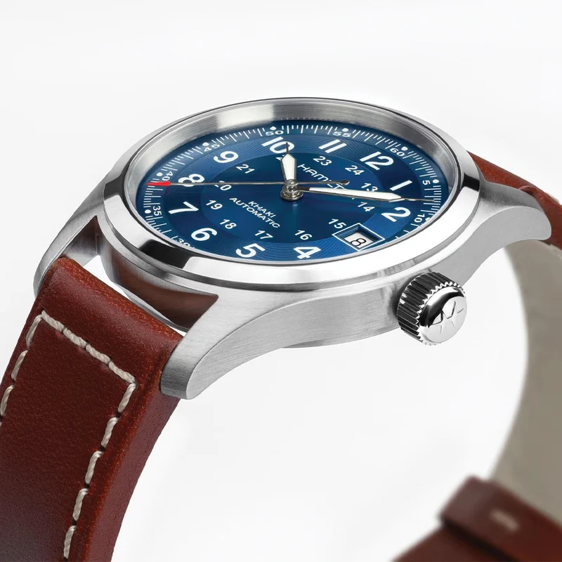 Khaki Field Auto Date 38mm - Blue on Leather Strap