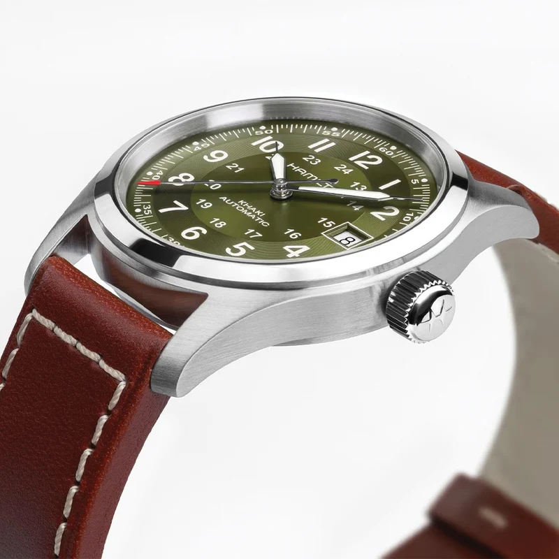 Khaki Field Auto Date 38mm - Green on Leather Strap
