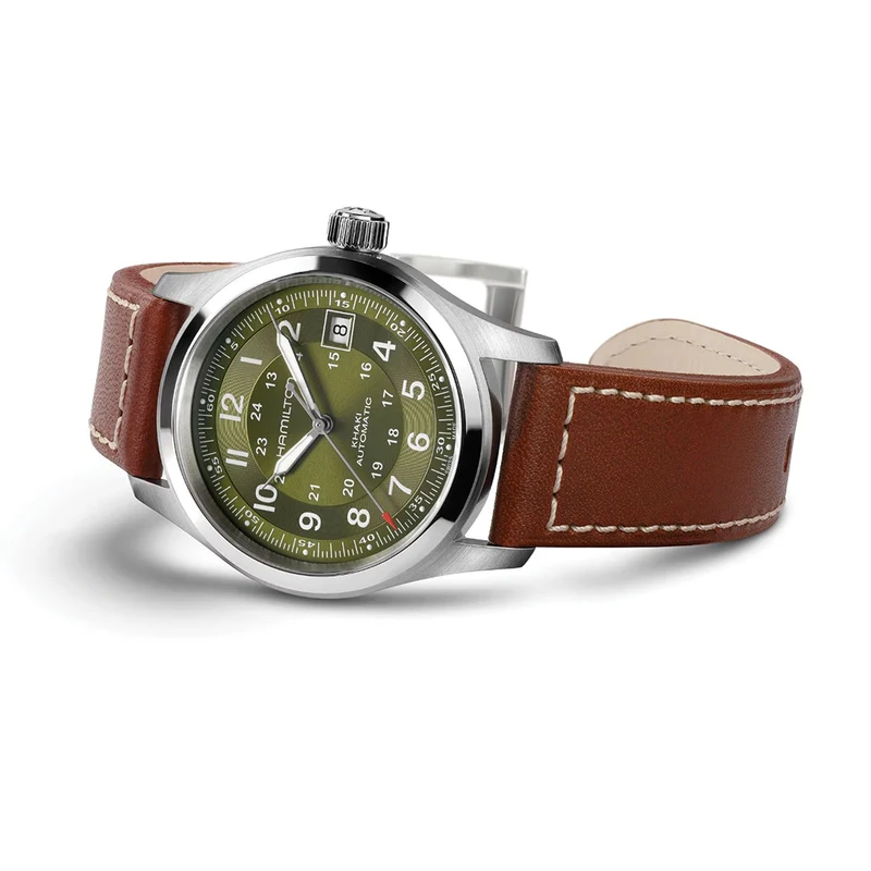 Khaki Field Auto Date 38mm - Green on Leather Strap