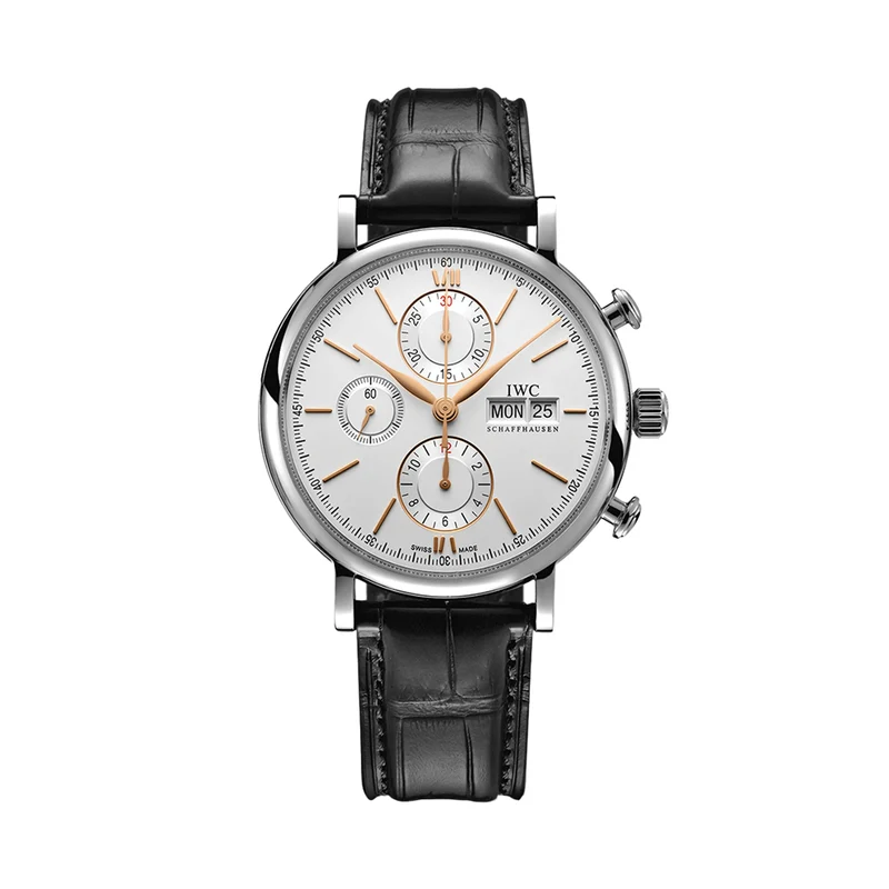 Portofino Chronograph Gold Accents 42mm - Silver-Plated on Leather Strap