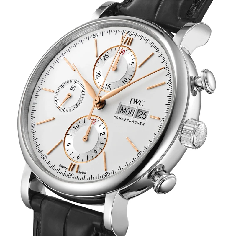 Portofino Chronograph Gold Accents 42mm - Silver-Plated on Leather Strap