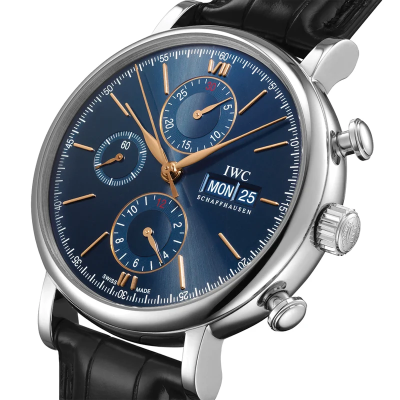 Portofino Chronograph Gold Accents 42mm - Blue on Leather Strap