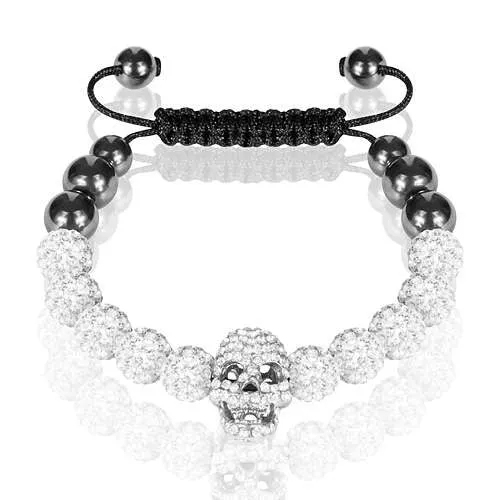 Shamballa Schmuck Strass Armband Hämatit Glückbringer Totenkopf Skull Weiß Clear