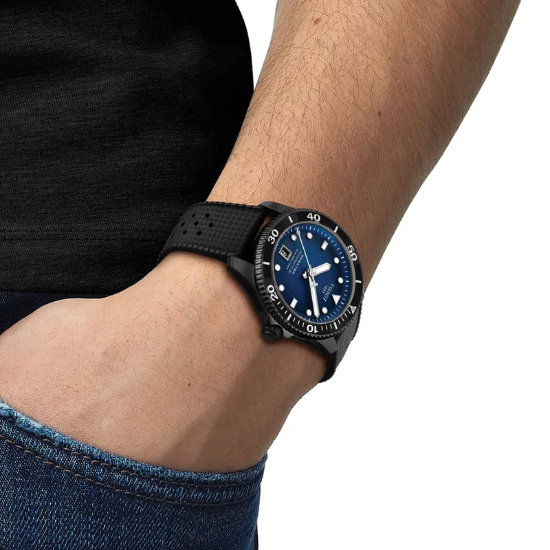 Seastar 1000 Powermatic 80 Black PVD 40mm - Blue on Rubber Strap