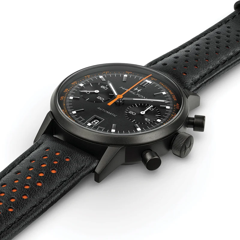 American Classic Intra-Matic Auto Chrono PVD 40mm - Black on Leather Strap with Orange Detailing