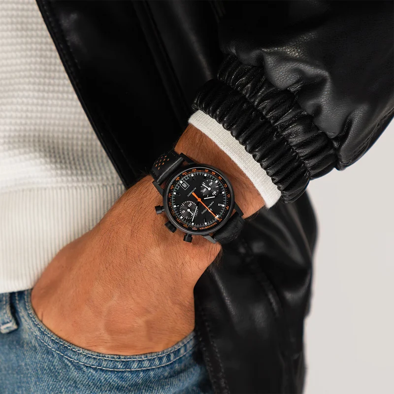 American Classic Intra-Matic Auto Chrono PVD 40mm - Black on Leather Strap with Orange Detailing
