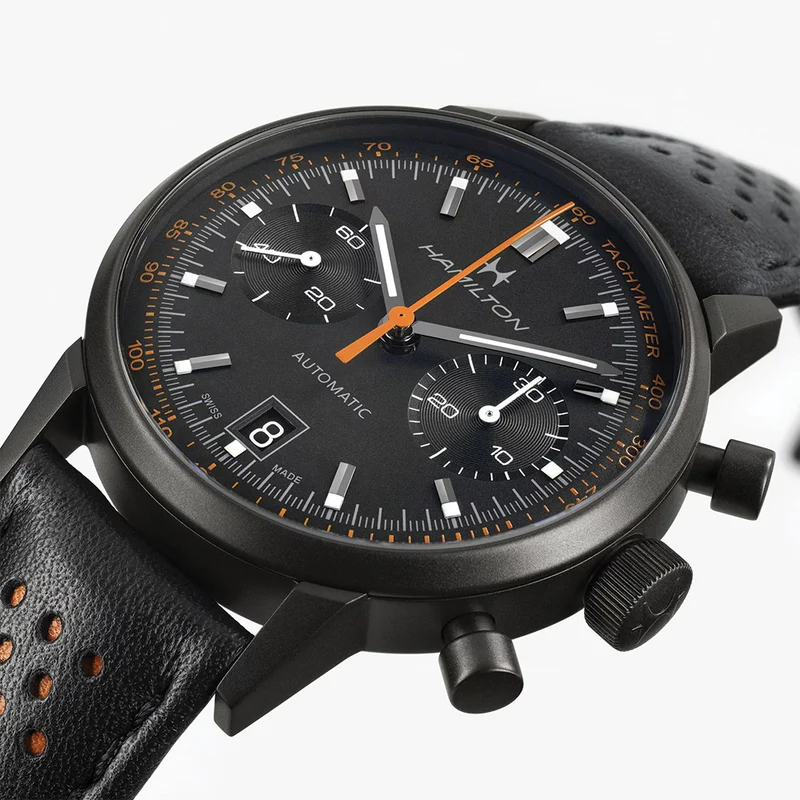 American Classic Intra-Matic Auto Chrono PVD 40mm - Black on Leather Strap with Orange Detailing