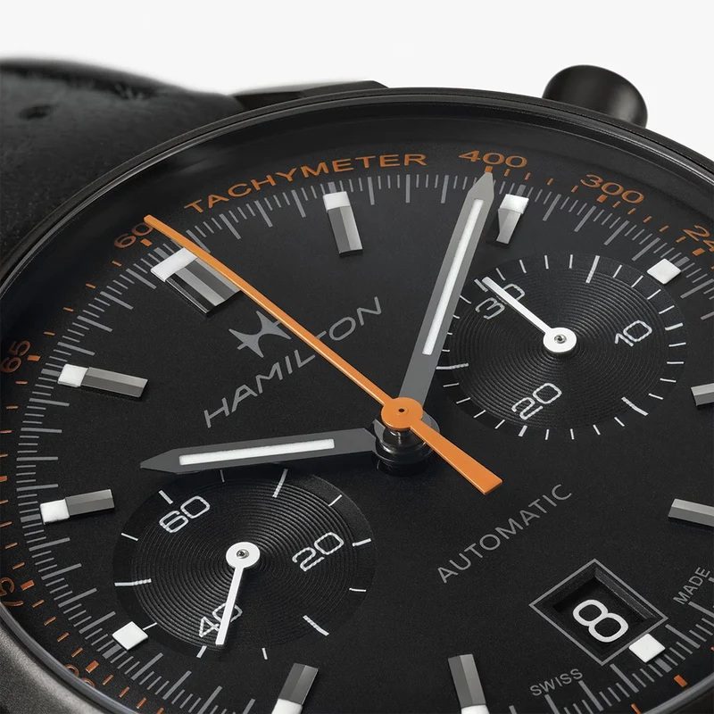 American Classic Intra-Matic Auto Chrono PVD 40mm - Black on Leather Strap with Orange Detailing