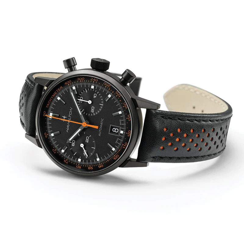 American Classic Intra-Matic Auto Chrono PVD 40mm - Black on Leather Strap with Orange Detailing