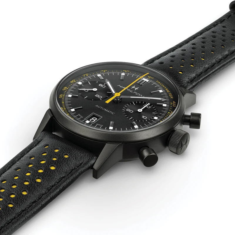 American Classic Intra-Matic Auto Chrono PVD 40mm - Black on Leather Strap with Yellow Detailing