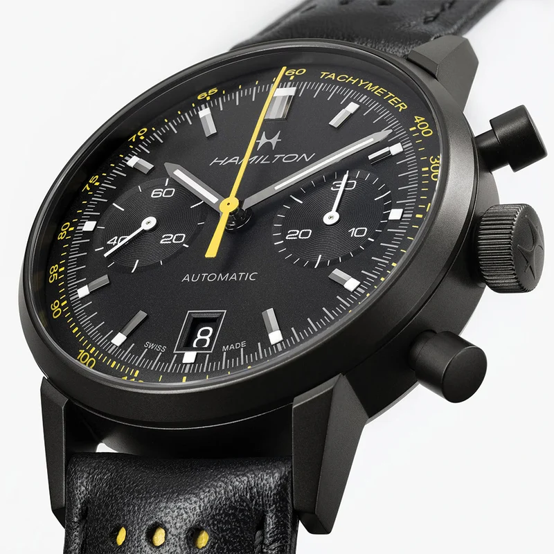 American Classic Intra-Matic Auto Chrono PVD 40mm - Black on Leather Strap with Yellow Detailing