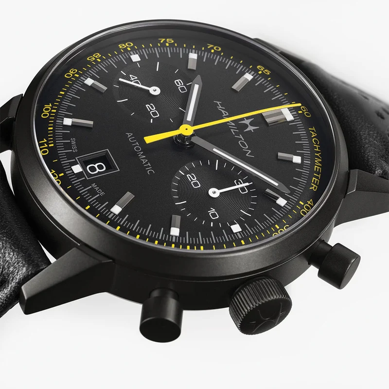 American Classic Intra-Matic Auto Chrono PVD 40mm - Black on Leather Strap with Yellow Detailing
