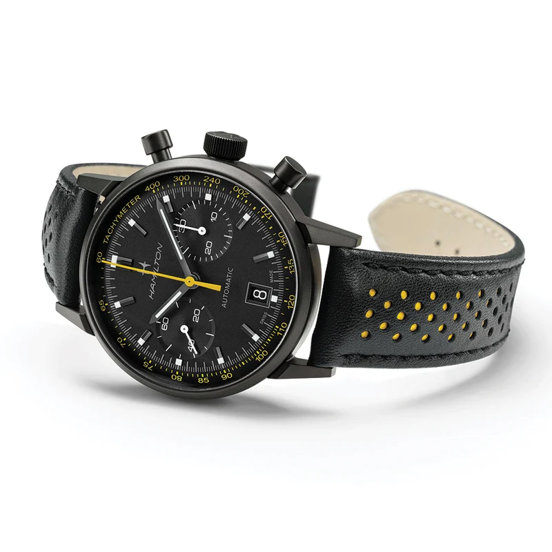 American Classic Intra-Matic Auto Chrono PVD 40mm - Black on Leather Strap with Yellow Detailing