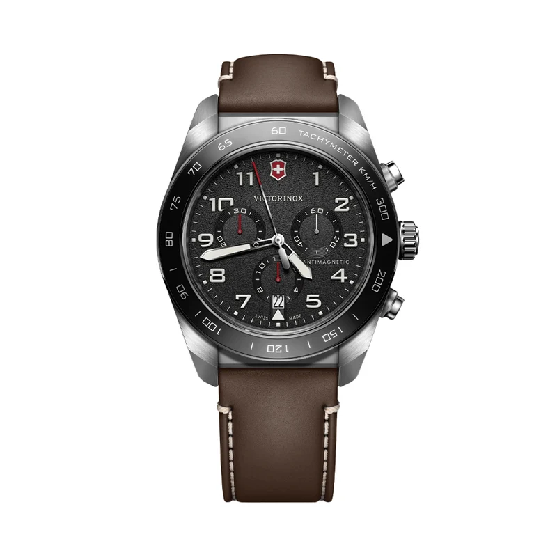 Swiss Army Chrono Quartz 42mm - Black on Brown Leather Strap