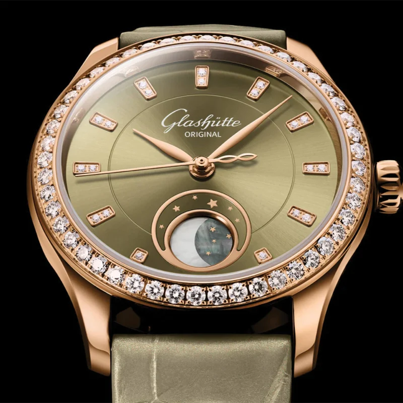 Serenade Luna Automatic Diamond Red Gold 32.5mm - Green on Leather Strap