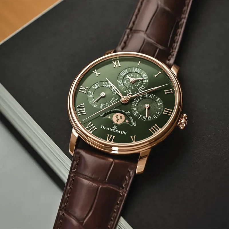 Villeret Perpetual Calendar Red Gold 40.3mm - Green on Leather Strap