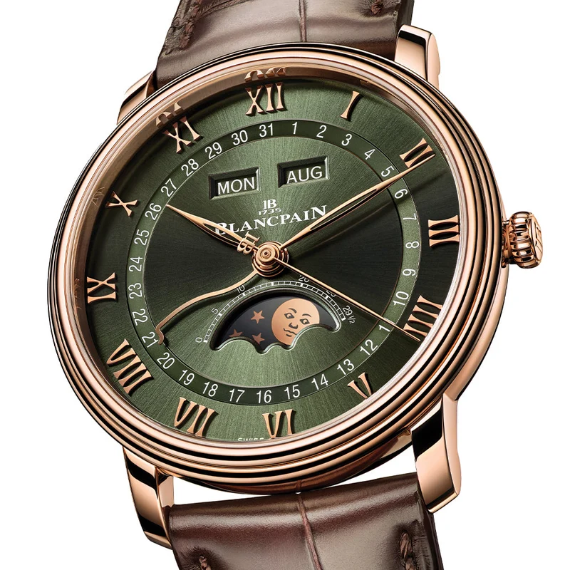 Villeret Complete Calendar Red Gold 40mm - Green on Leather Strap