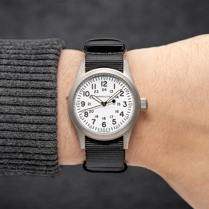 Khaki Field Mechanical 38mm - White on Textile Strap