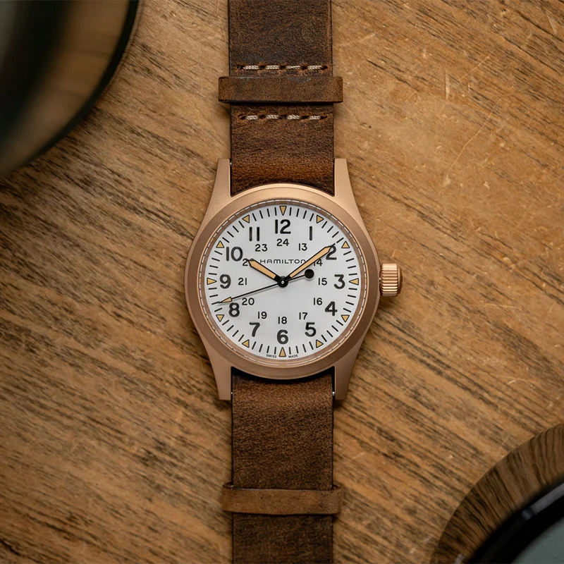 Khaki Field Mechanical Bronze 38mm - White on Leather Strap