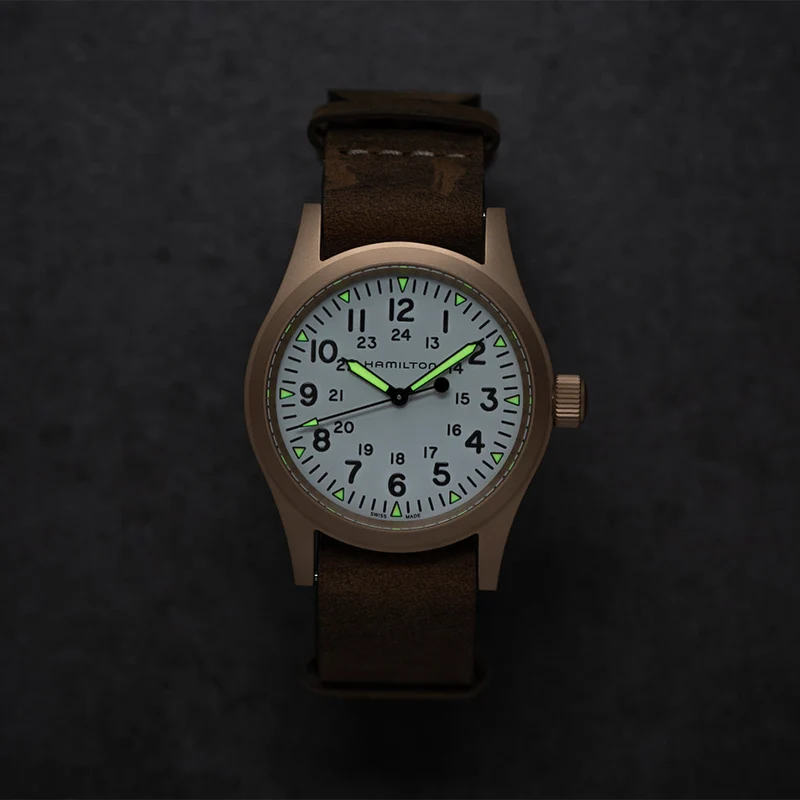 Khaki Field Mechanical Bronze 38mm - White on Leather Strap
