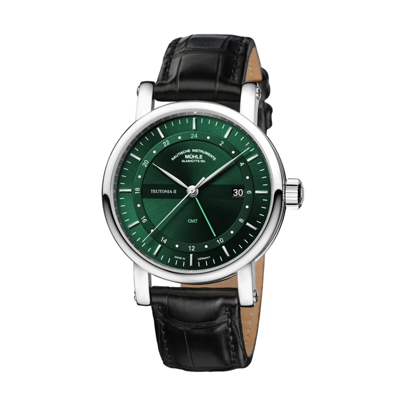 Teutonia II GMT 41mm - Green on Black Croco-Print Leather Strap