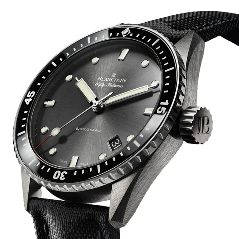 Fifty Fathoms Bathyscaphe Steel and Black Bezel 43mm - Grey on Sail-Canvas Strap