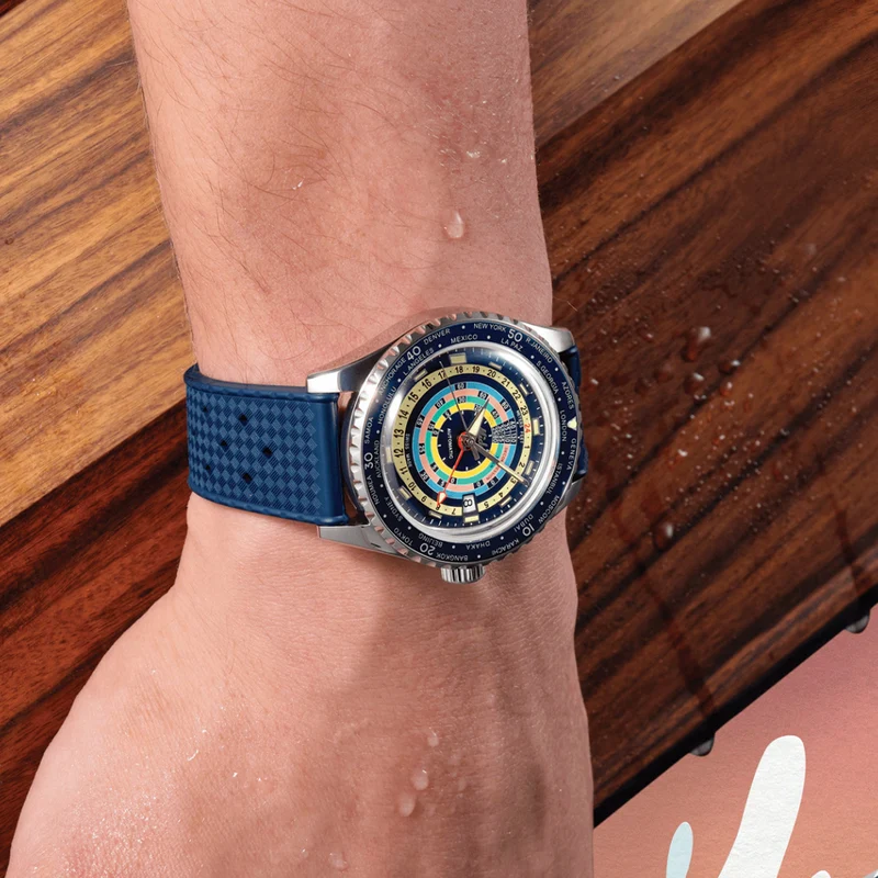 Ocean Star Decompression Worldtimer 40.5mm - Blue on Rubber Strap w/ Additional Bracelet