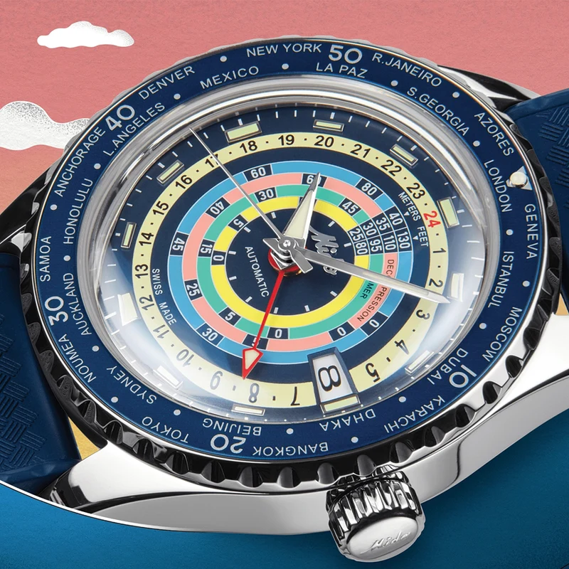 Ocean Star Decompression Worldtimer 40.5mm - Blue on Rubber Strap w/ Additional Bracelet