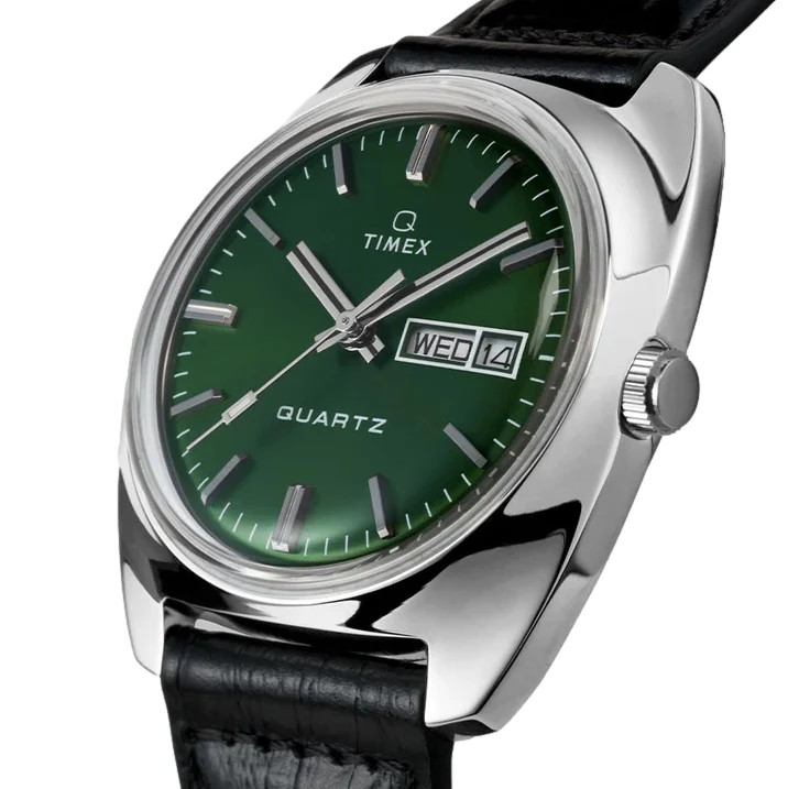 Q Timex 1978 Day/Date 37mm - Green on Leather Strap