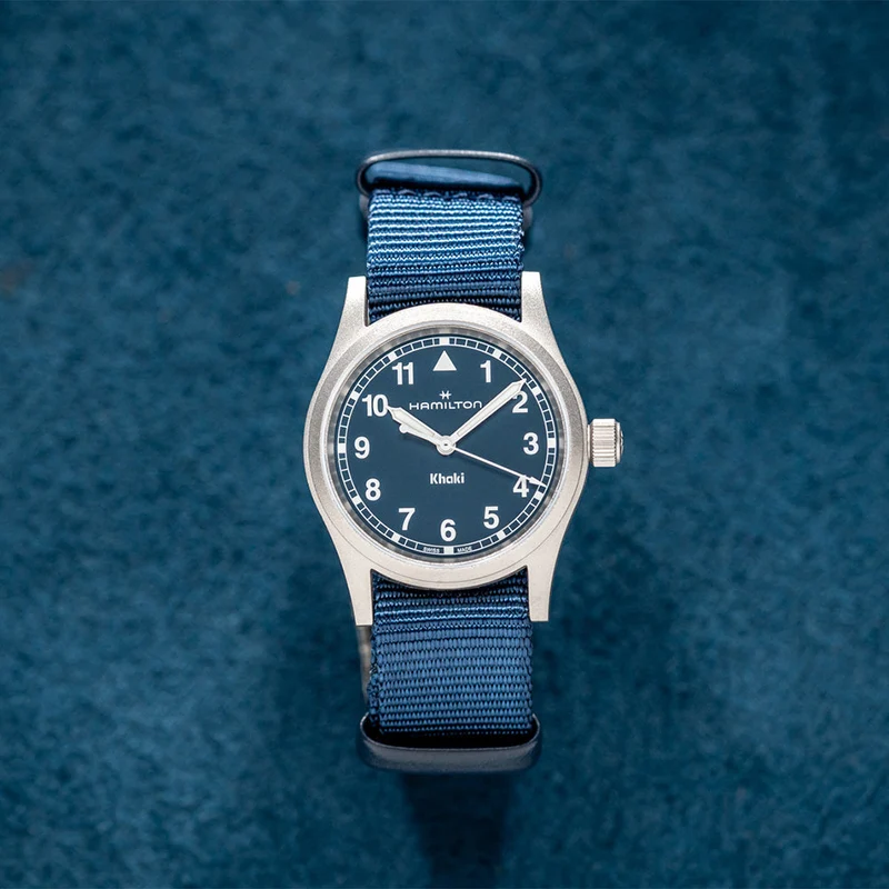 Khaki Field Quartz 33mm - Blue on One-Piece Textile Strap