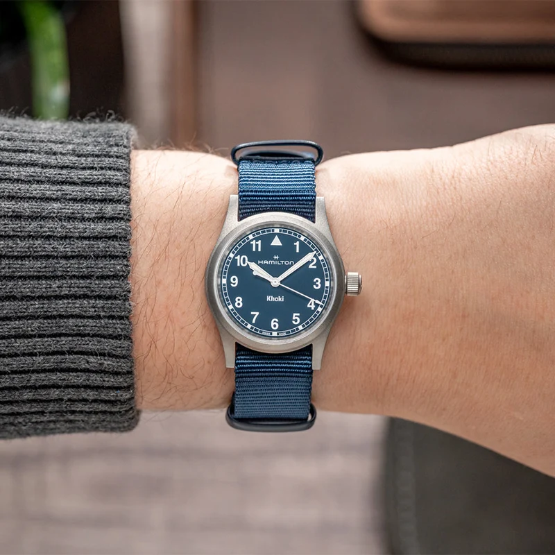 Khaki Field Quartz 33mm - Blue on One-Piece Textile Strap