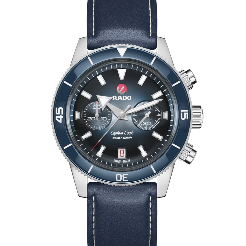 Captain Cook Automatic Chronograph 43mm - Blue on Bracelet w/ Extra Leather and Fabric Straps