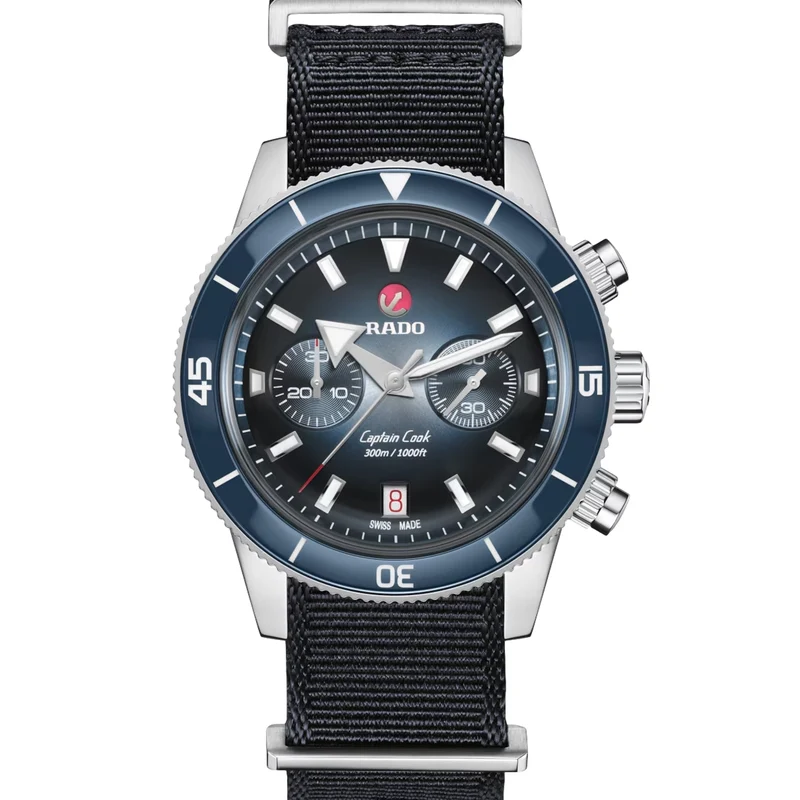 Captain Cook Automatic Chronograph 43mm - Blue on Bracelet w/ Extra Leather and Fabric Straps