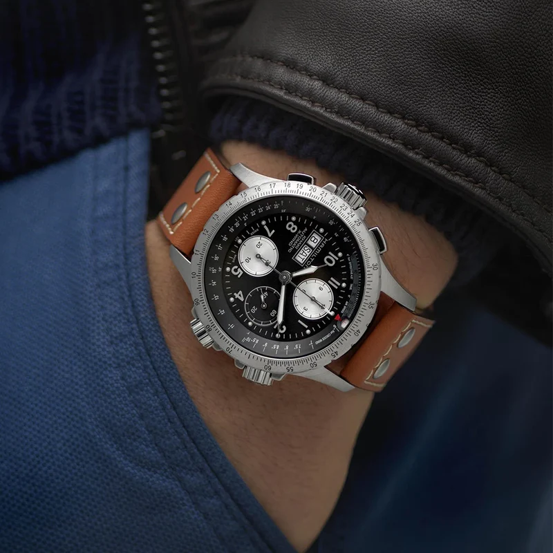 Khaki Aviation X-Wind Auto Chrono 44mm - Black on Leather Strap