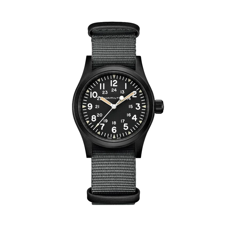 Khaki Field Mechanical Black PVD 38mm - Black on One-Piece Textile Strap
