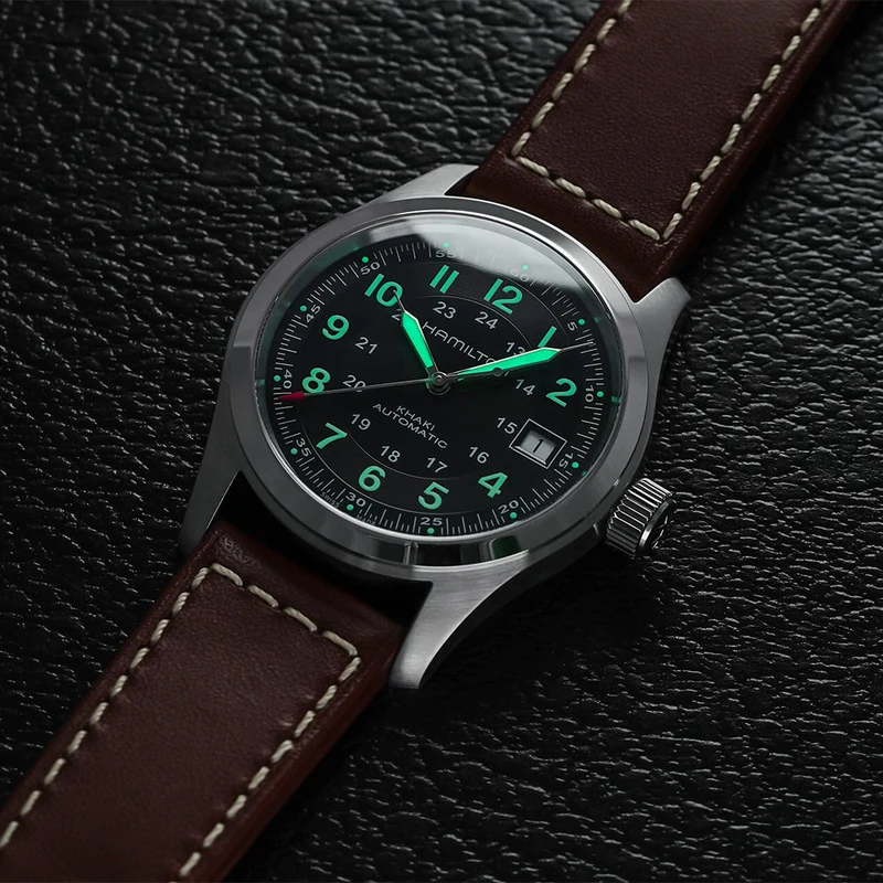 Khaki Field Auto 38mm - Black on Leather Strap