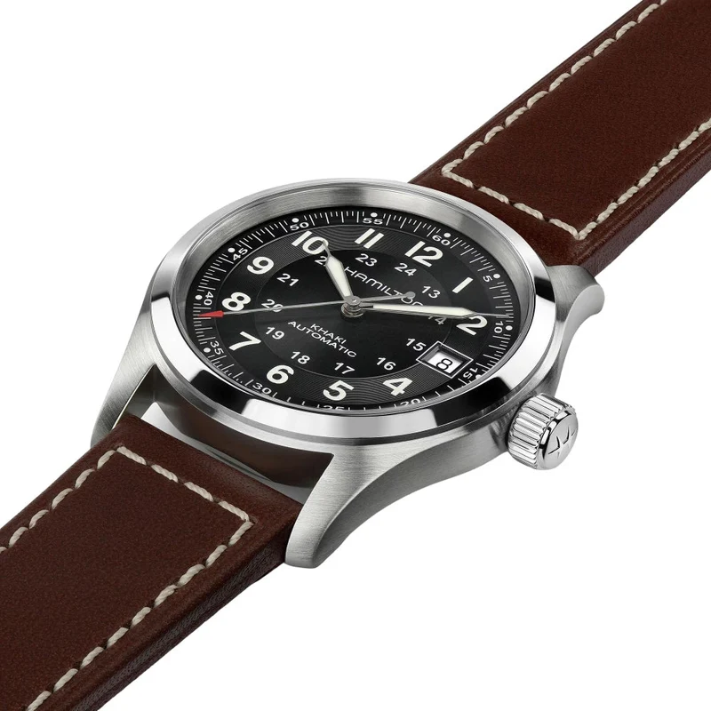 Khaki Field Auto 38mm - Black on Leather Strap