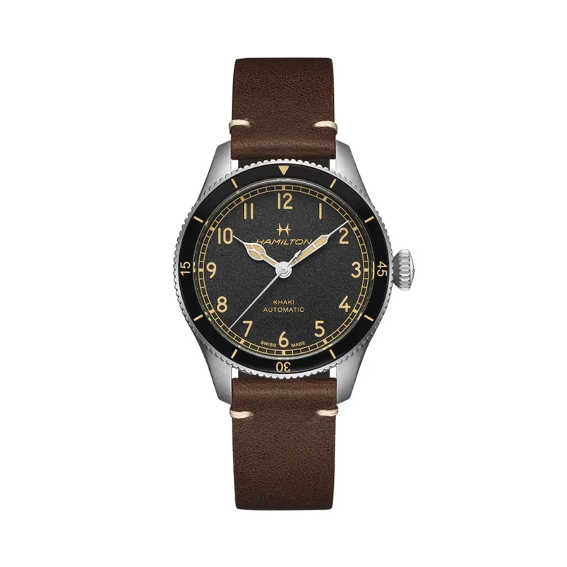 Khaki Aviation Pilot Pioneer 38mm - Black on Leather Strap
