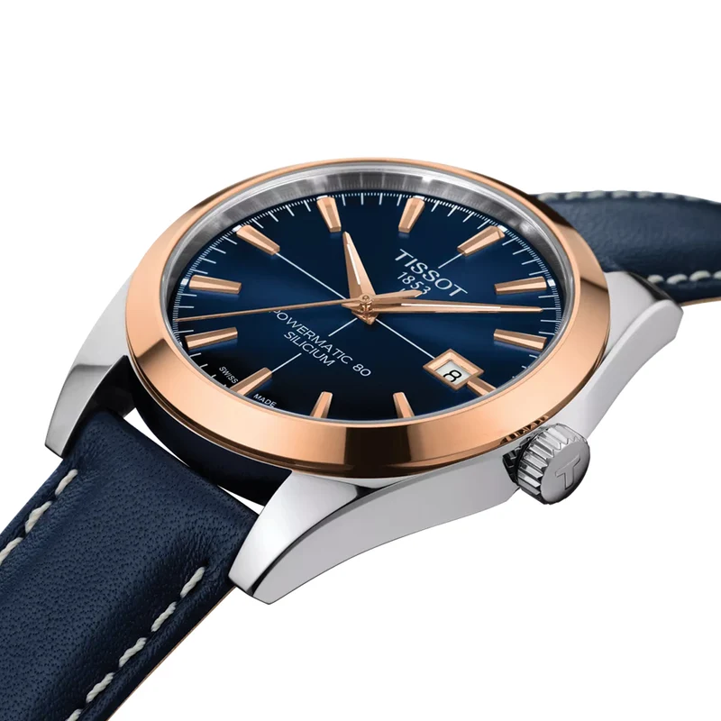 Gentleman Powermatic 80 Silicium Solid 18K Gold Bezel 40mm - Blue on Leather Strap