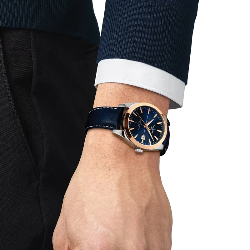 Gentleman Powermatic 80 Silicium Solid 18K Gold Bezel 40mm - Blue on Leather Strap